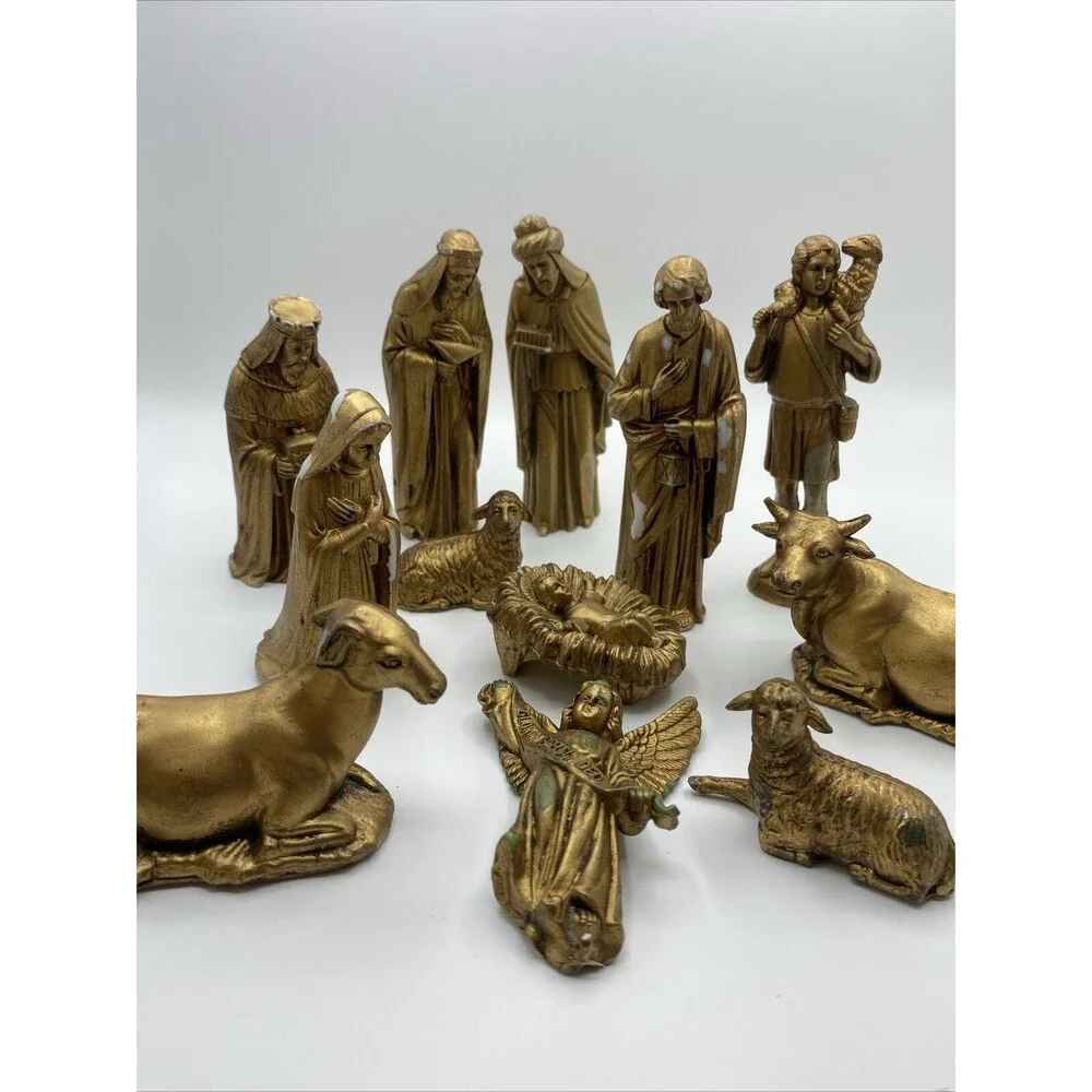 Vintage Christmas Nativity Figures 12 Pc Plastic Hong Kong Wisemen Jesus Angel